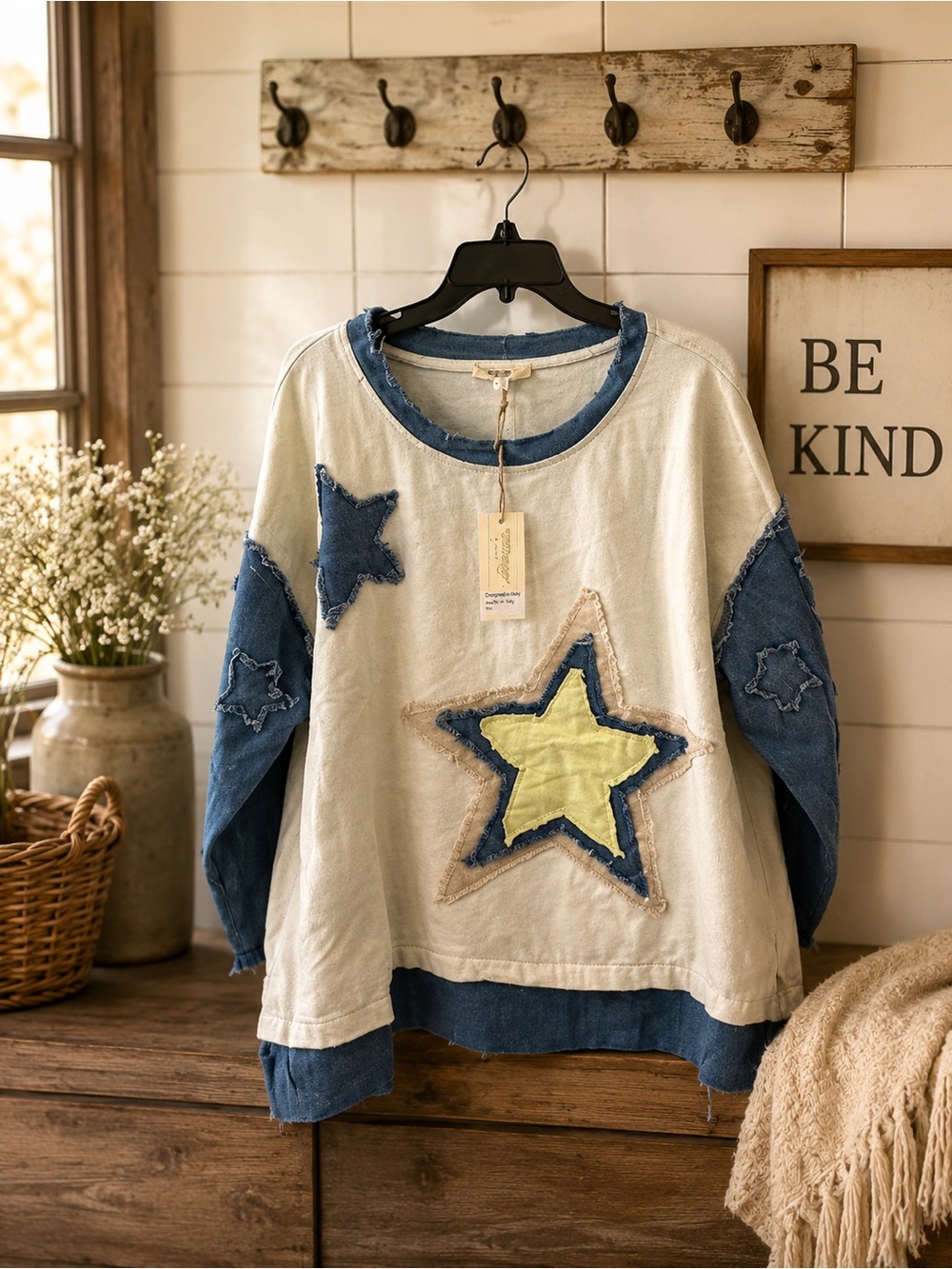 NWT Blue Velvet Boutique Patchwork Top - Cream & Blue Sz M L & XL